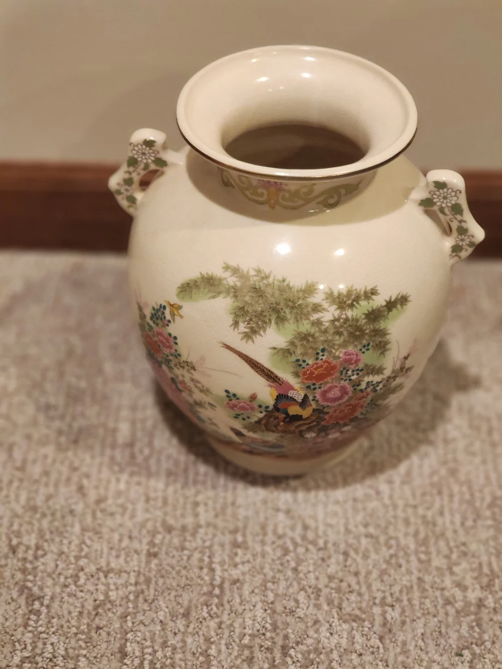 Vintage Satsuma-style vase from Japan featuring hand-painted peacock and Florals